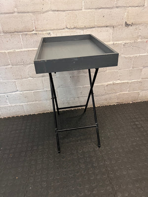 Grey Wooden Tray Table on Metal Folding Stand — Well Used Condition – back view