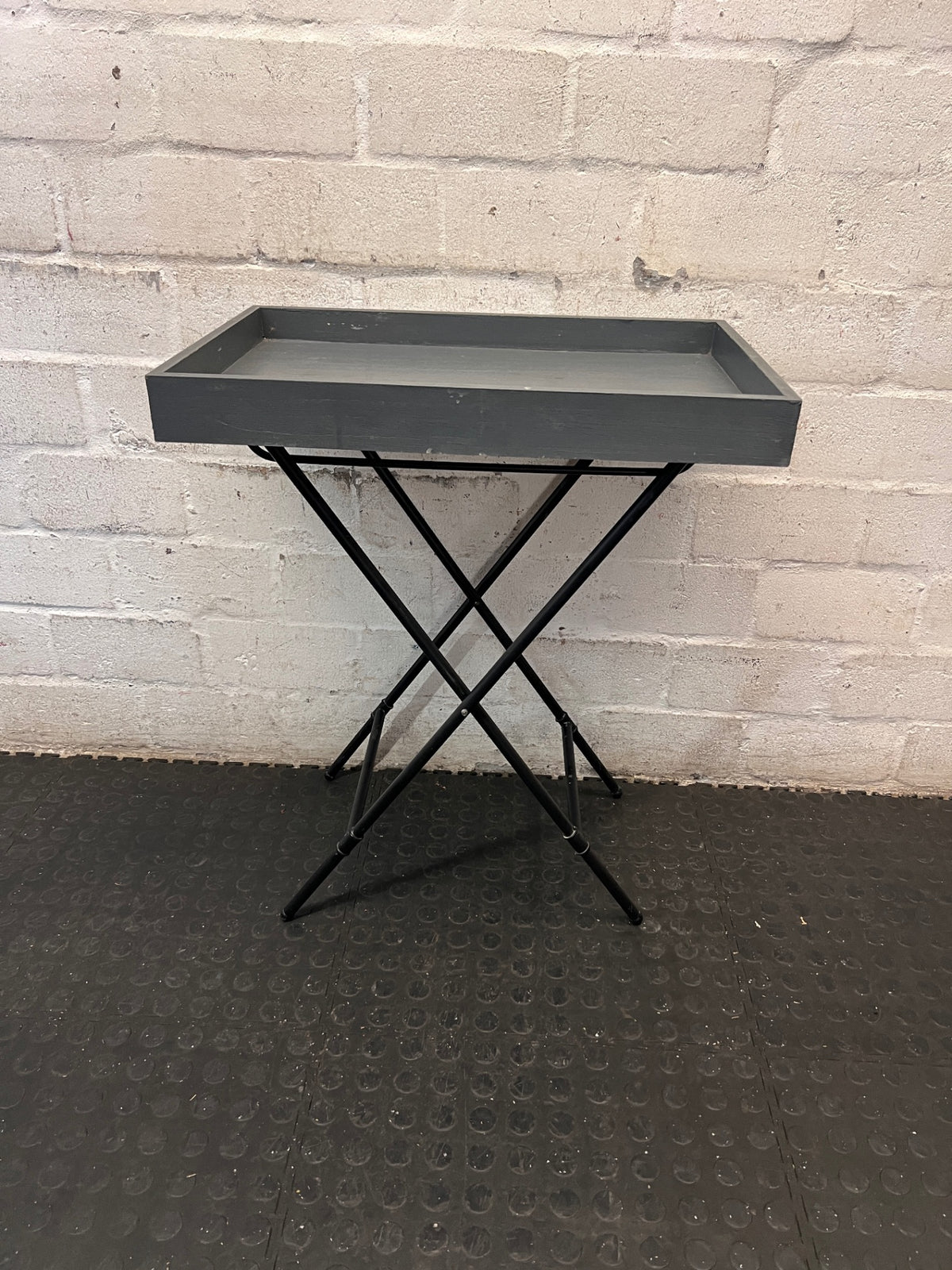 Grey Wooden Tray Table on Metal Folding Stand — Well Used Condition – main front view