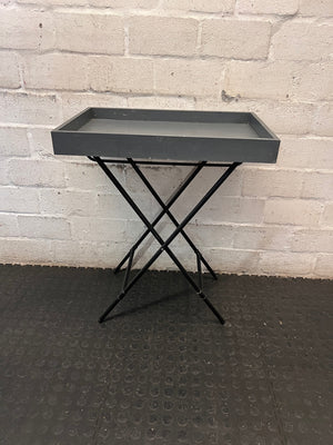 Grey Wooden Tray Table on Metal Folding Stand — Well Used Condition – main front view
