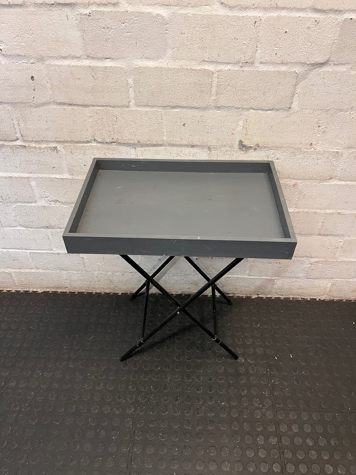Grey Wooden Tray Table on Metal Folding Stand — Well Used Condition – side view
