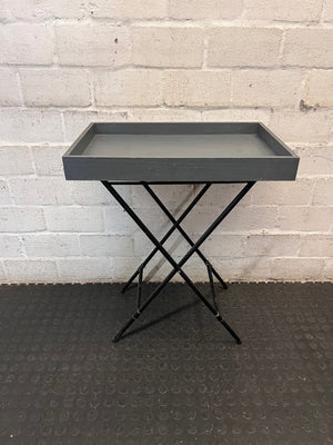 Grey Wooden Tray Table on Metal Folding Stand — Well Used Condition – top view