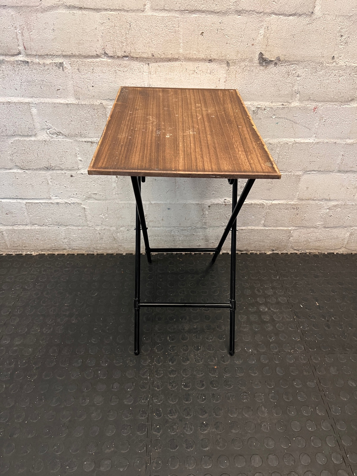 Folding Wood Look Side Table with Black Metal Base — Well Used with Surface Wear – back view