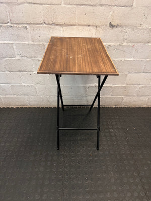 Folding Wood Look Side Table with Black Metal Base — Well Used with Surface Wear – back view
