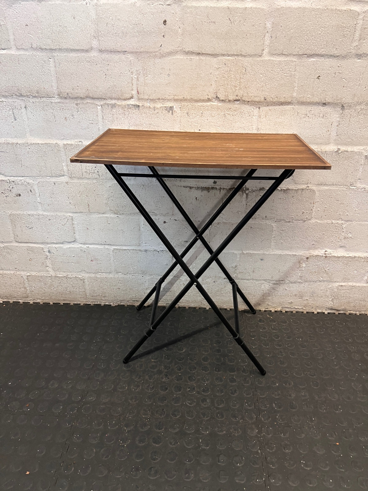Folding Wood Look Side Table with Black Metal Base — Well Used with Surface Wear – condition detail