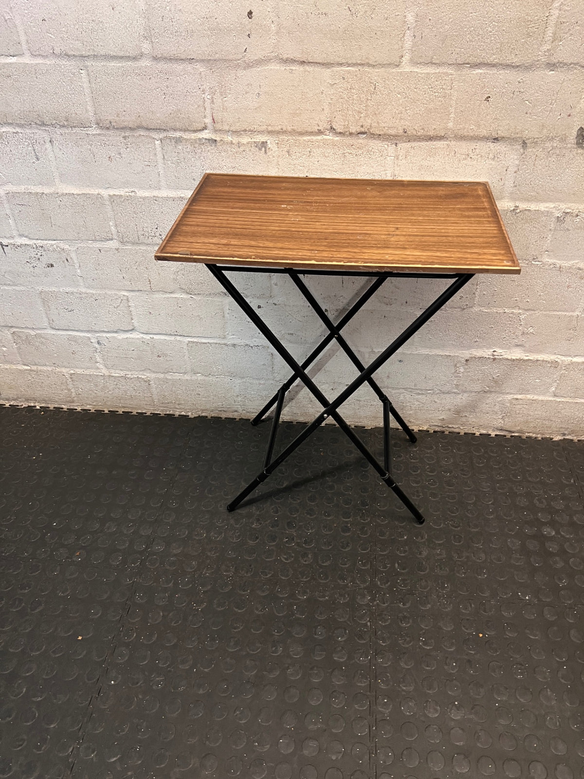Folding Wood Look Side Table with Black Metal Base — Well Used with Surface Wear – main front view