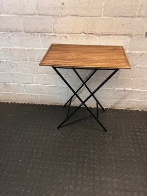 Folding Wood Look Side Table with Black Metal Base — Well Used with Surface Wear – main front view