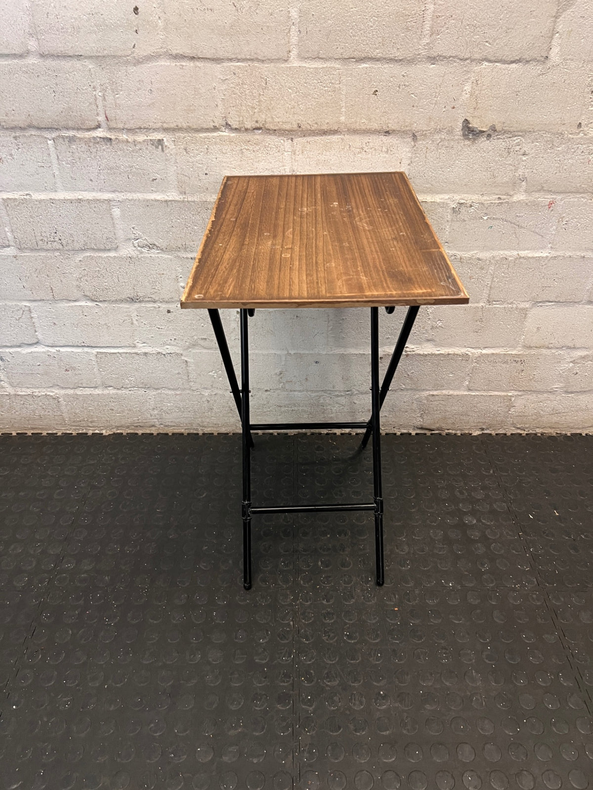 Folding Wood Look Side Table with Black Metal Base — Well Used with Surface Wear – side view