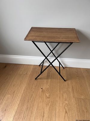 Folding Wood Look Side Table with Black Metal Base — Well Used with Surface Wear – styled product image