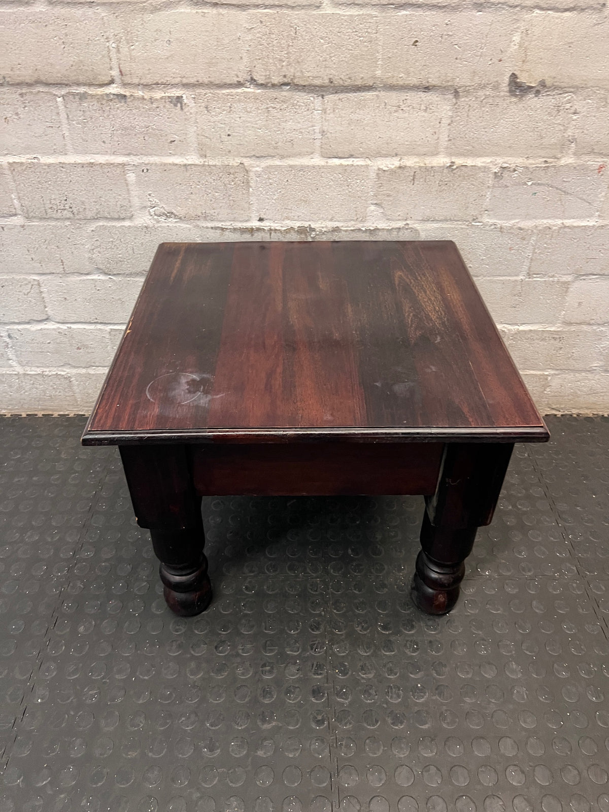 Square Dark Wood Side Table with Turned Legs — Good Working Order – back view