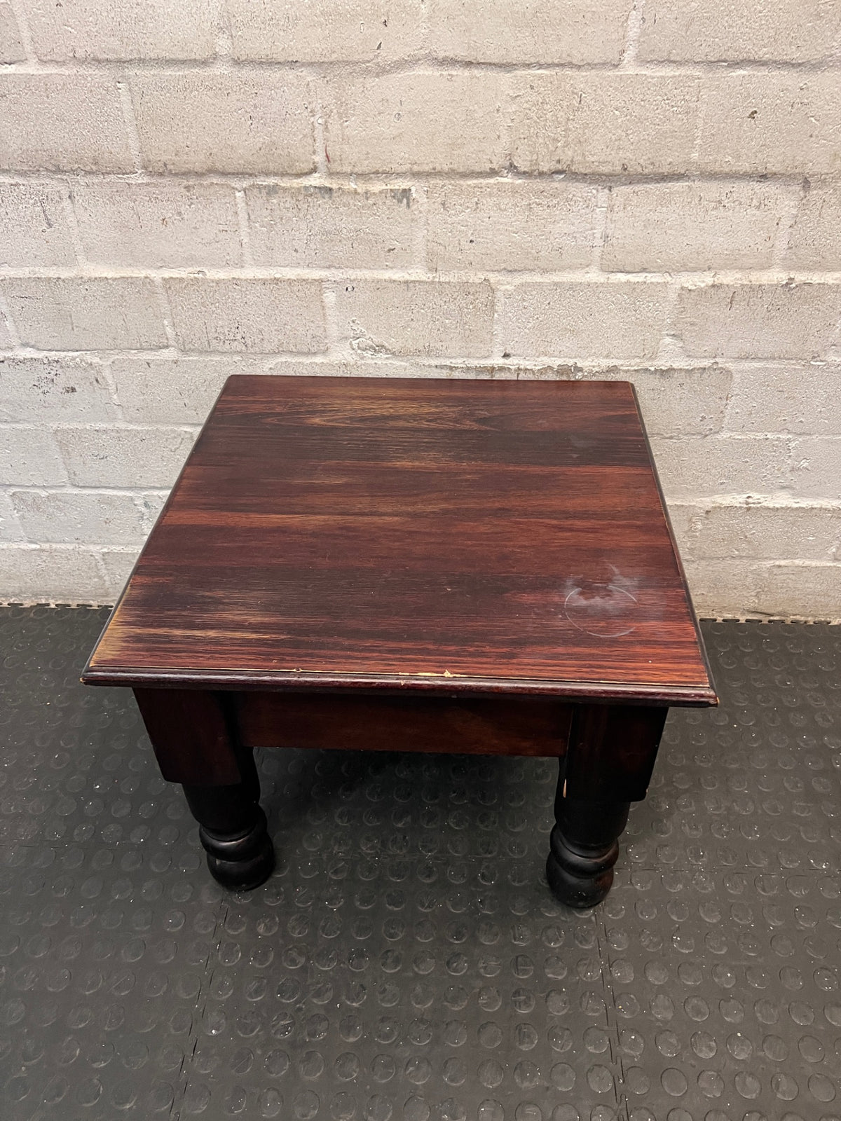 Square Dark Wood Side Table with Turned Legs — Good Working Order – condition detail