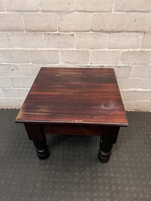 Square Dark Wood Side Table with Turned Legs — Good Working Order – condition detail
