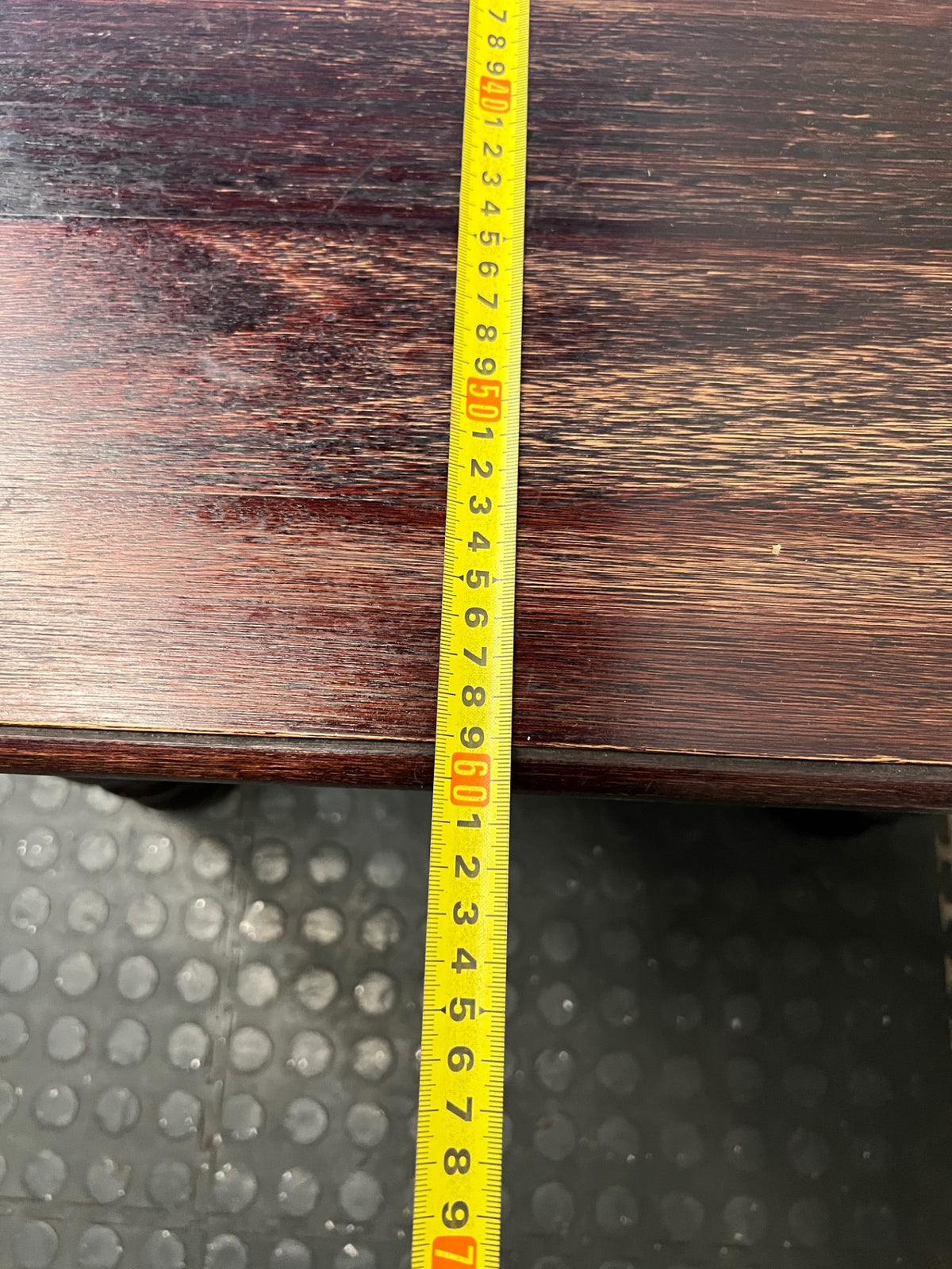 Square Dark Wood Side Table with Turned Legs — Good Working Order – depth measurement