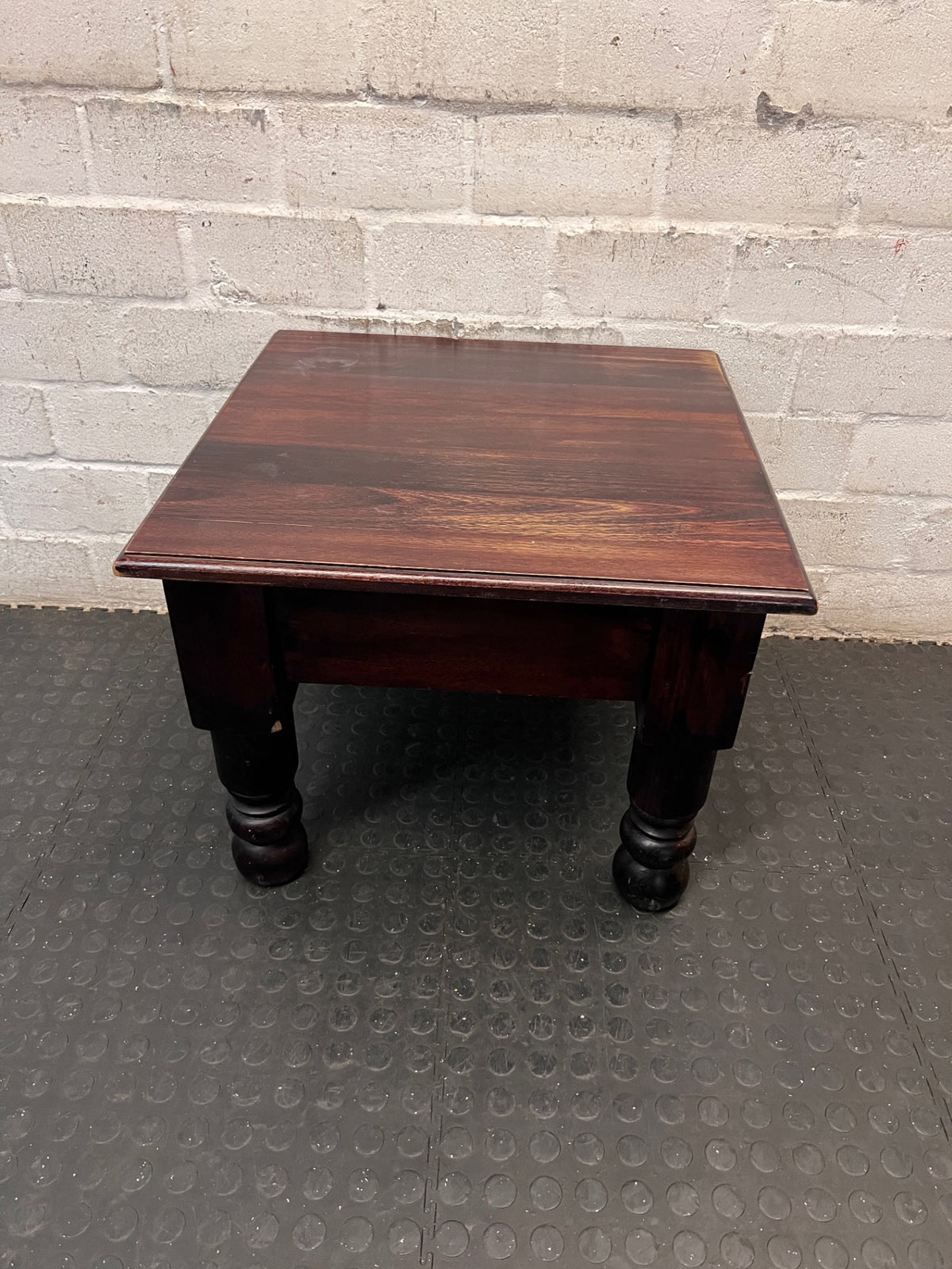 Square Dark Wood Side Table with Turned Legs — Good Working Order – main front view