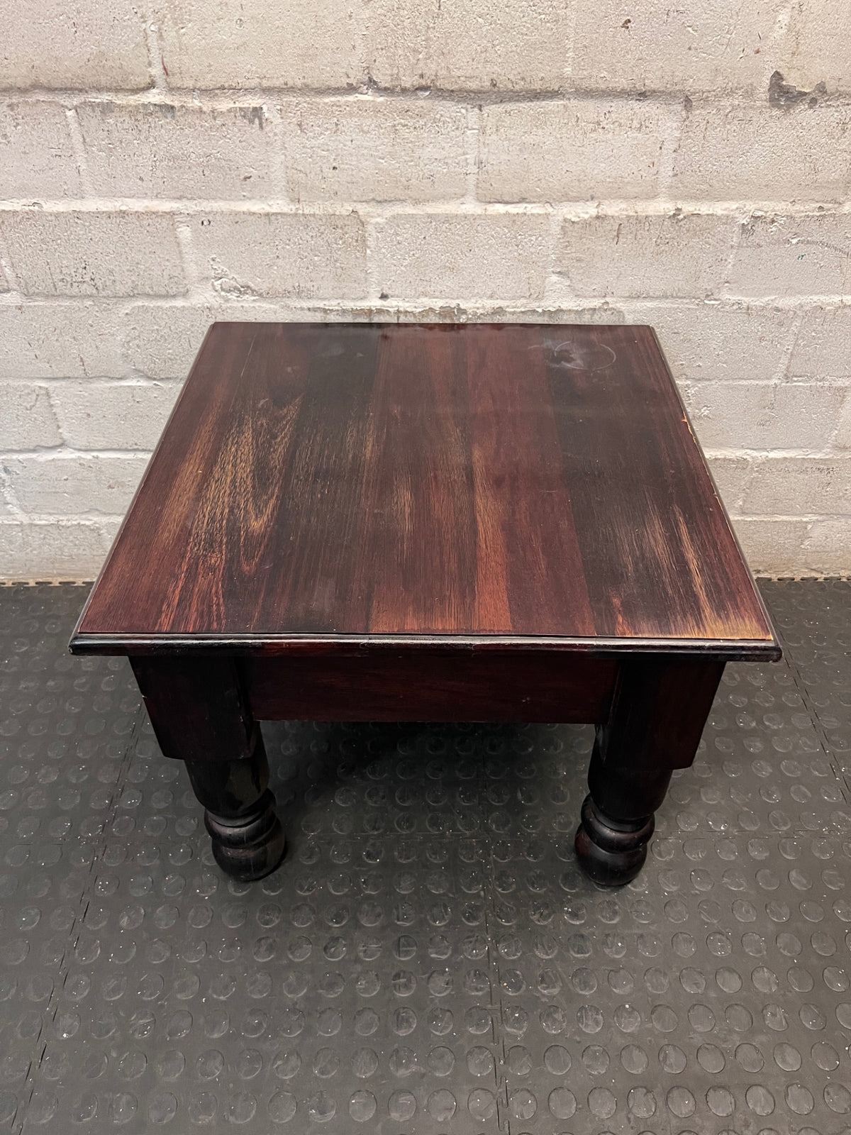 Square Dark Wood Side Table with Turned Legs — Good Working Order – side view