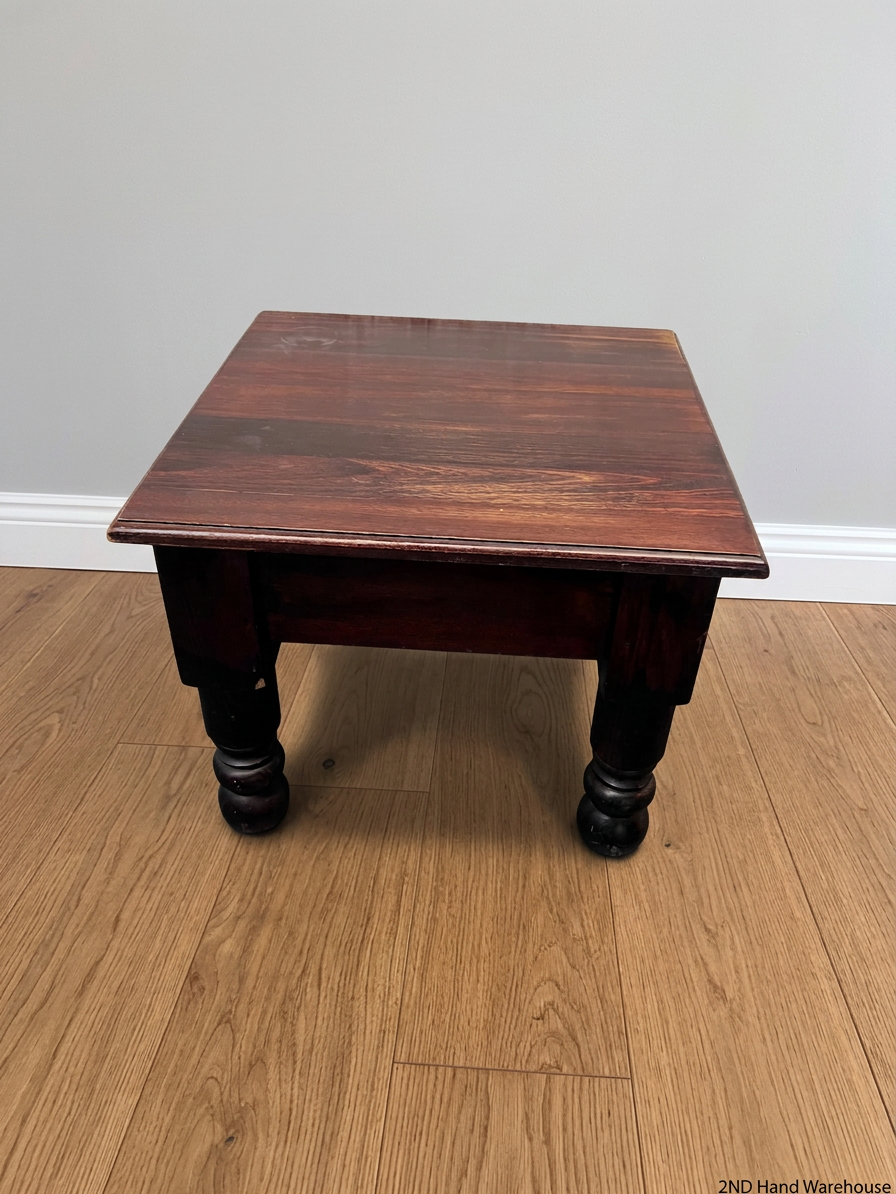 Square Dark Wood Side Table with Turned Legs — Good Working Order – styled product image