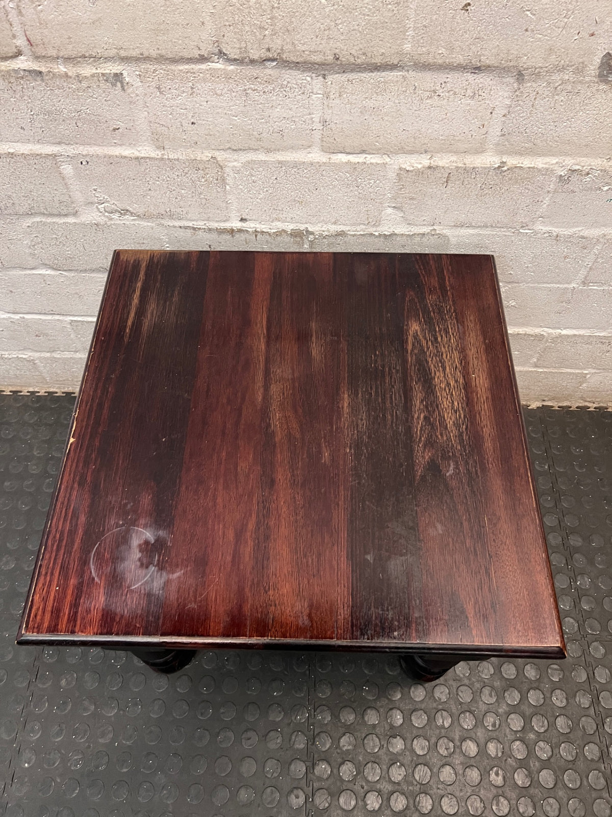 Square Dark Wood Side Table with Turned Legs — Good Working Order – top view