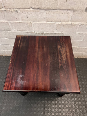 Square Dark Wood Side Table with Turned Legs — Good Working Order – top view