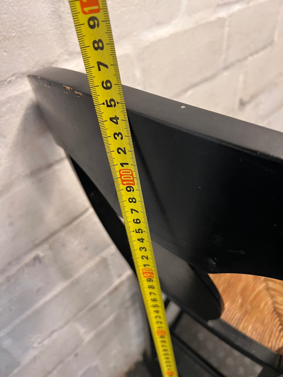Black T-Back Dining Chair with Woven Seat — Fair Condition with Visible Wear – height measurement