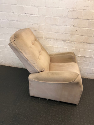Beige Button-Tufted One-Seater Couch — Worn Upholstery with Small Tear – back view