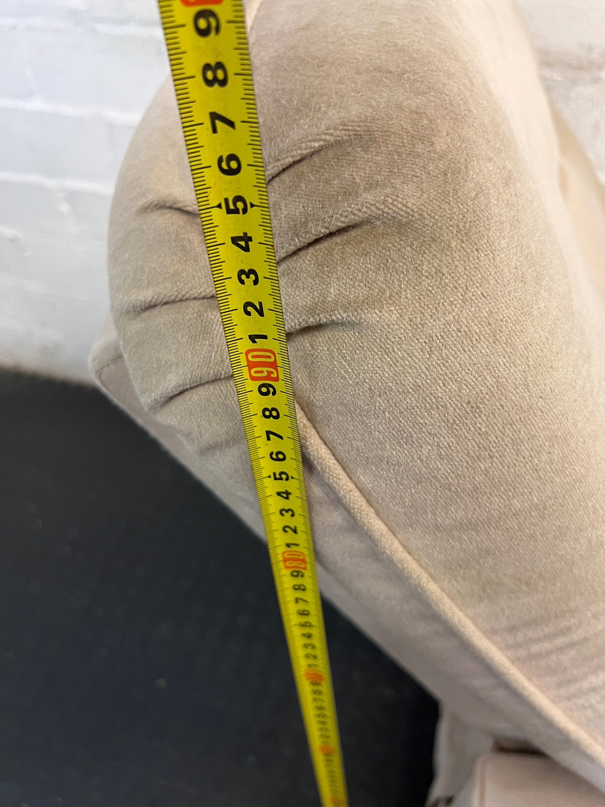 Beige Button-Tufted One-Seater Couch — Worn Upholstery with Small Tear – height measurement