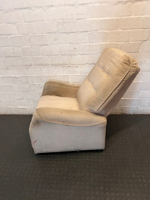 Beige Button-Tufted One-Seater Couch — Worn Upholstery with Small Tear – side view