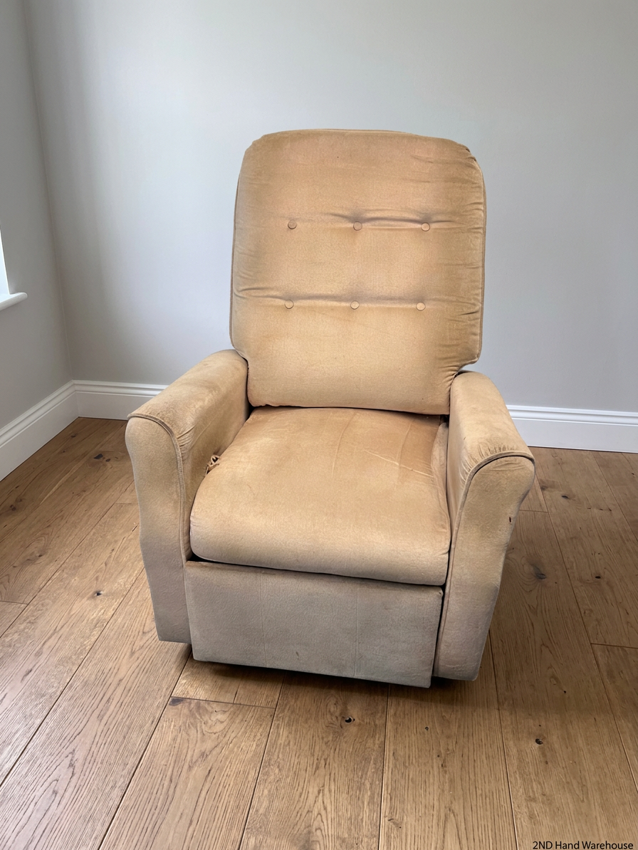 Beige Button-Tufted One-Seater Couch — Worn Upholstery with Small Tear – styled product image
