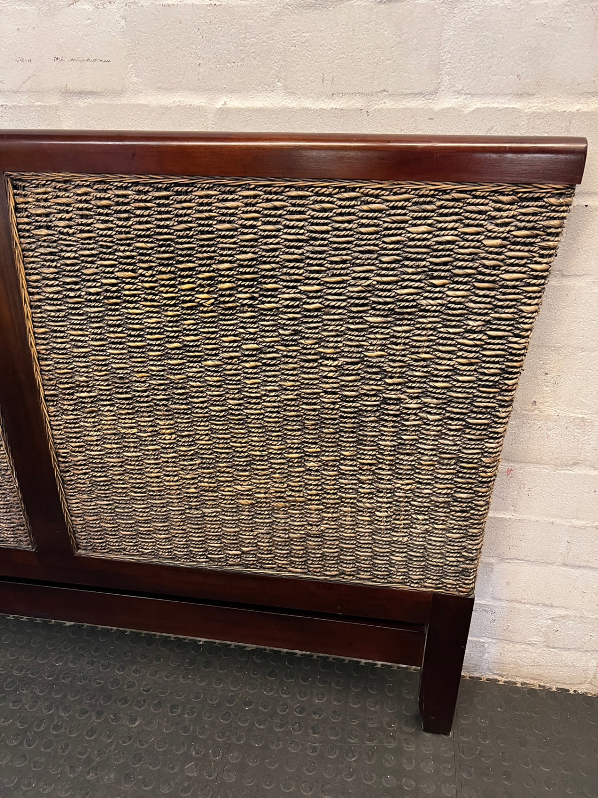 Dark Wood and Woven Wicker King Headboard — Good Working Order – back view