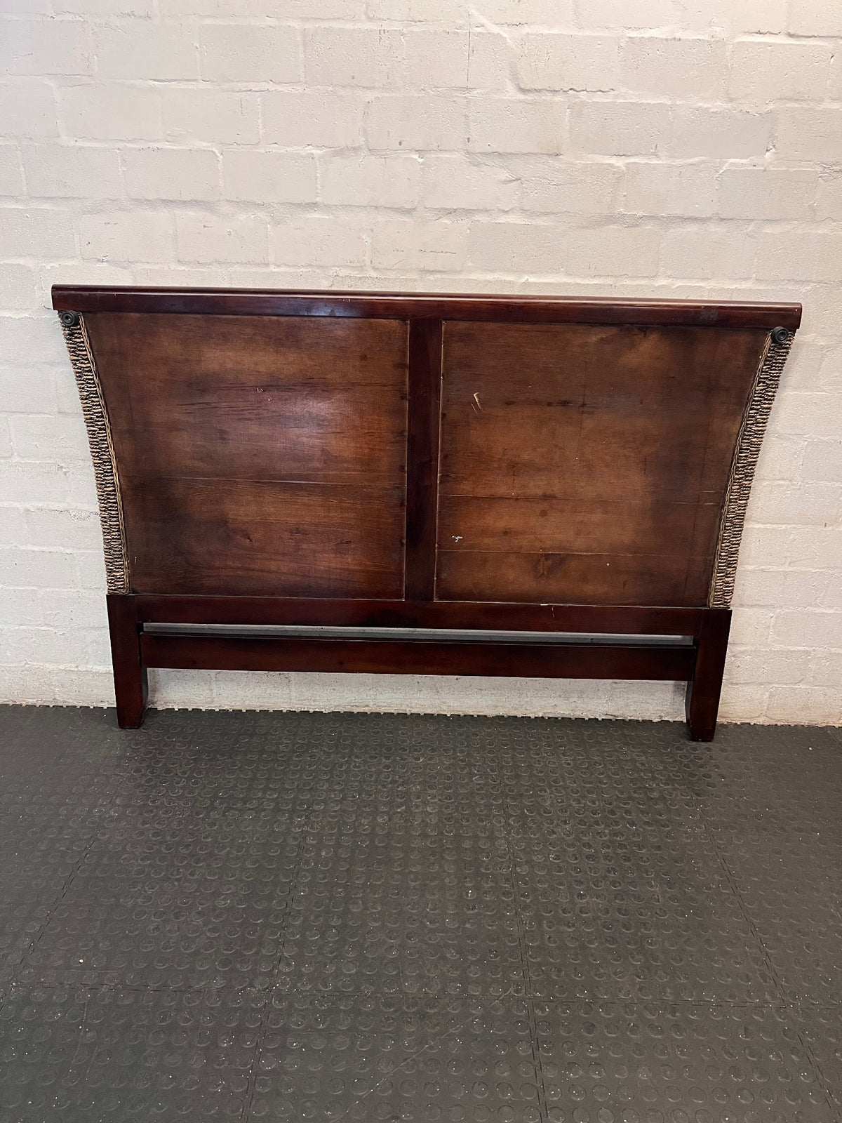 Dark Wood and Woven Wicker King Headboard — Good Working Order – condition detail