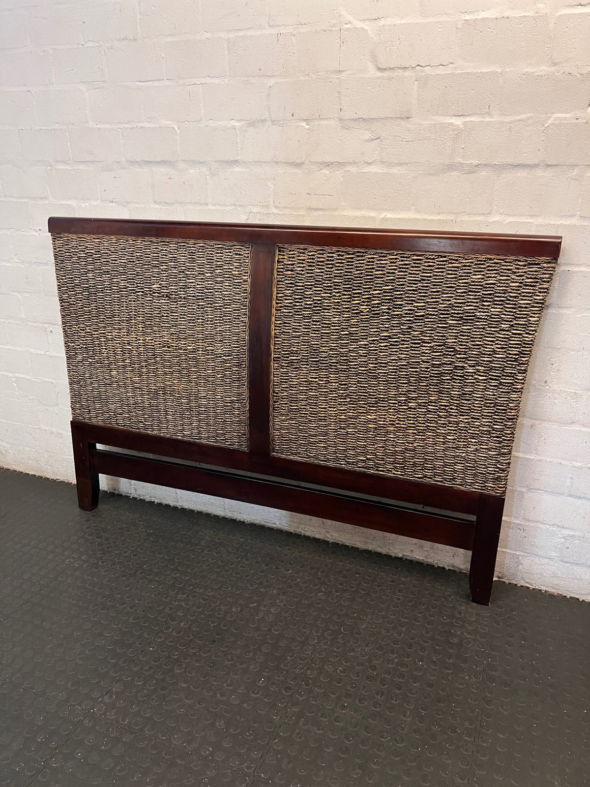 Dark Wood and Woven Wicker King Headboard — Good Working Order – side view