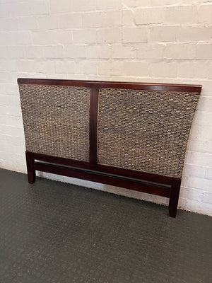 Dark Wood and Woven Wicker King Headboard — Good Working Order – side view