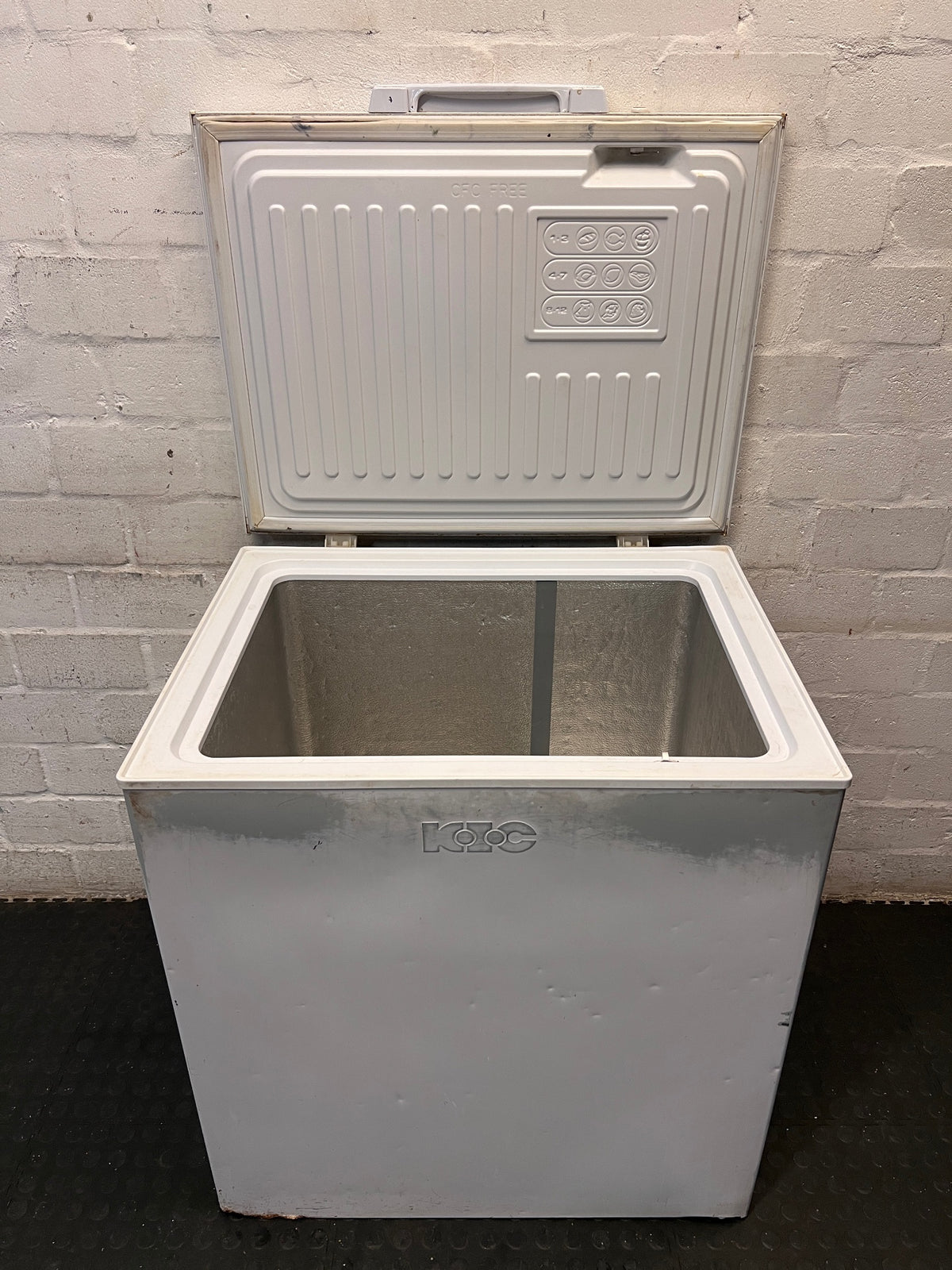 KIC White Chest Freezer — Good Working Order with Exterior Dents – side view