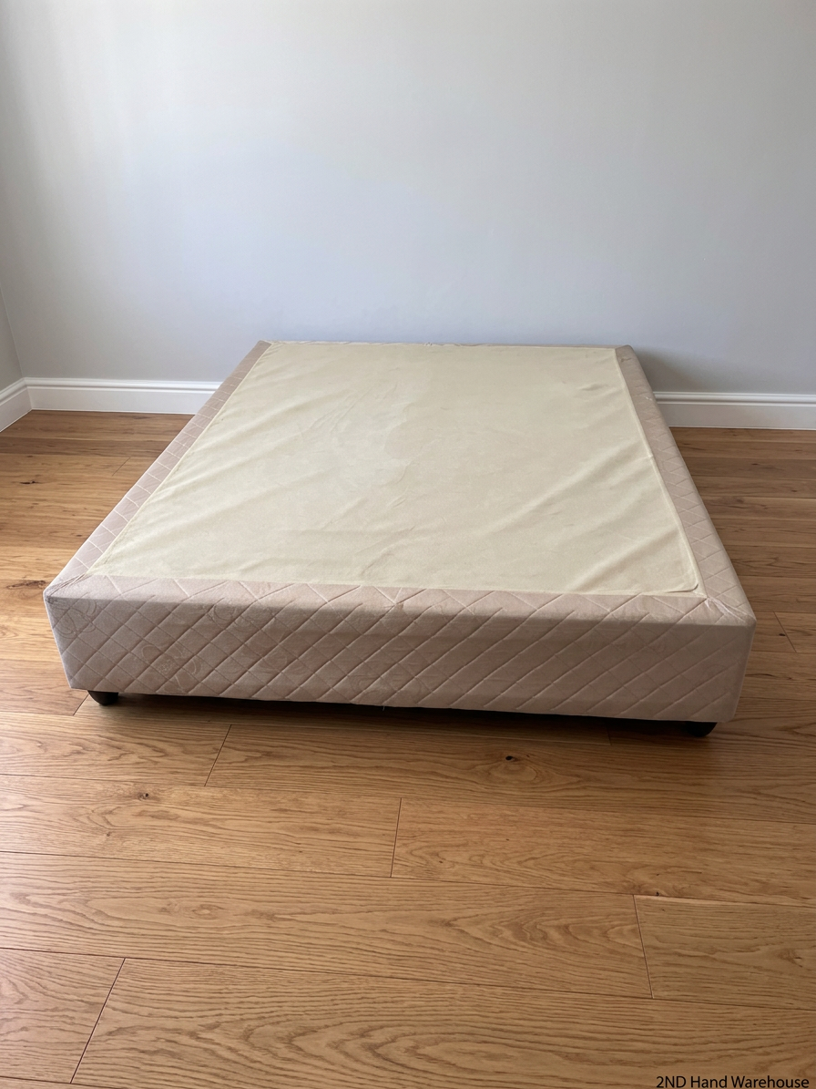 Upholstered Beige Double Bed Base with Quilted Detail — Good Working Order – styled product image