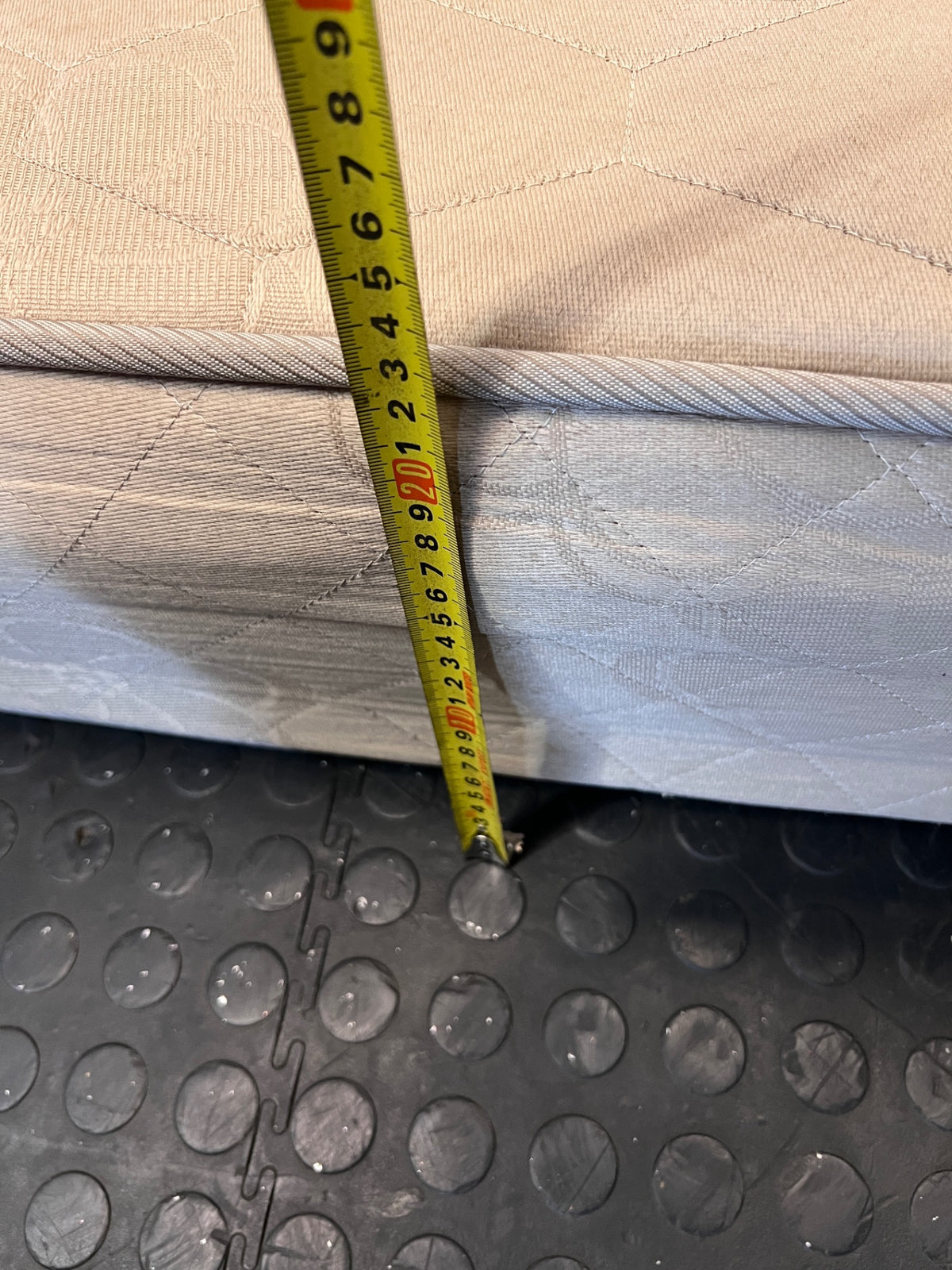 Beige Quilted Double Bed Mattress — Heavy Staining and Torn Corner Fabric – height measurement