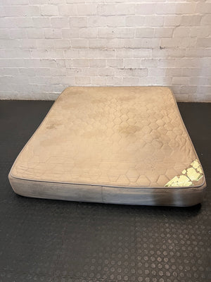 Beige Quilted Double Bed Mattress — Heavy Staining and Torn Corner Fabric – main front view