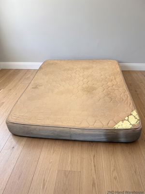 Beige Quilted Double Bed Mattress — Heavy Staining and Torn Corner Fabric – styled product image