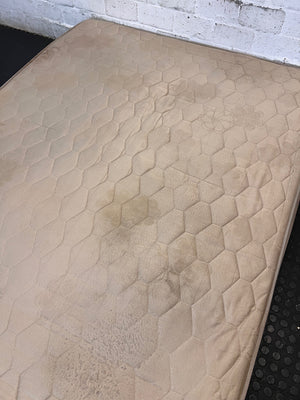 Beige Quilted Double Bed Mattress — Heavy Staining and Torn Corner Fabric – top view