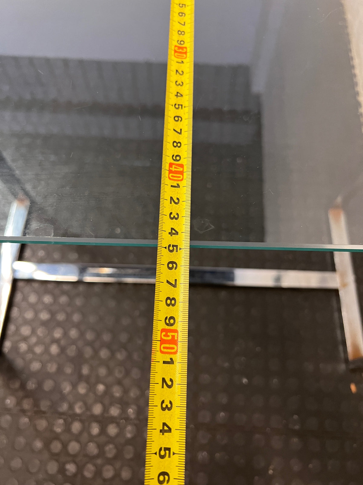 Contemporary Glass Top Console Table with Chrome Frame — Permanent Mark on Glass Surface – depth measurement