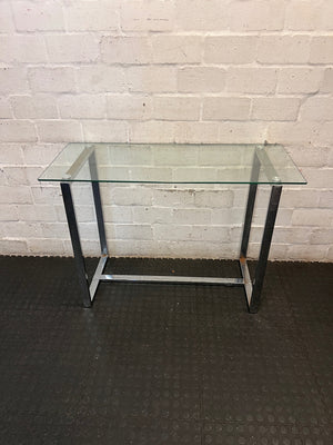 Contemporary Glass Top Console Table with Chrome Frame — Permanent Mark on Glass Surface – main front view