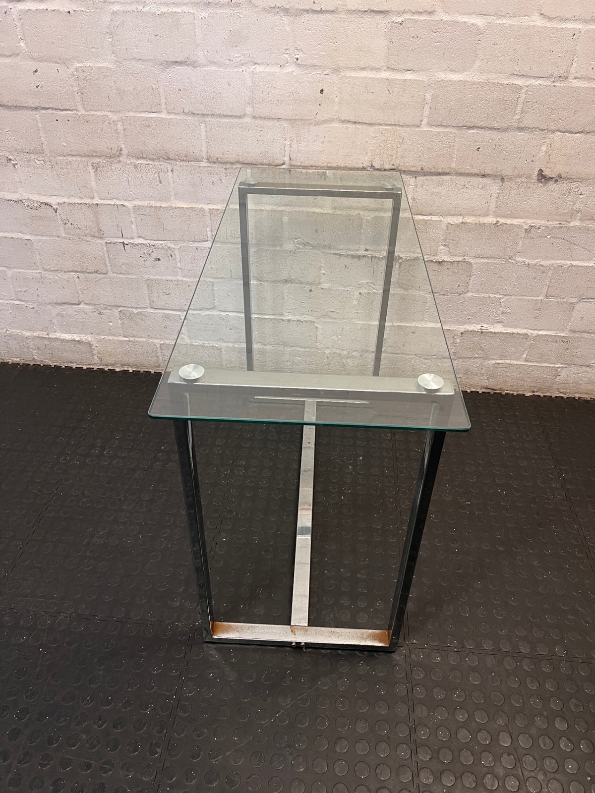Contemporary Glass Top Console Table with Chrome Frame — Permanent Mark on Glass Surface – side view