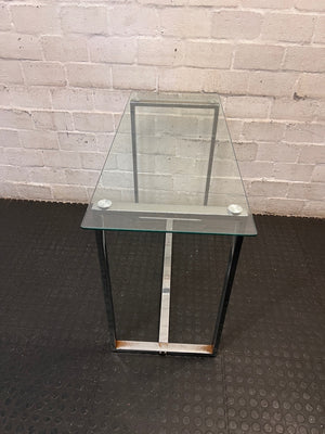 Contemporary Glass Top Console Table with Chrome Frame — Permanent Mark on Glass Surface – side view