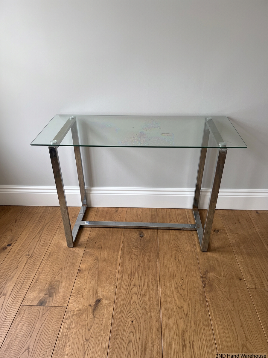 Contemporary Glass Top Console Table with Chrome Frame — Permanent Mark on Glass Surface – styled product image