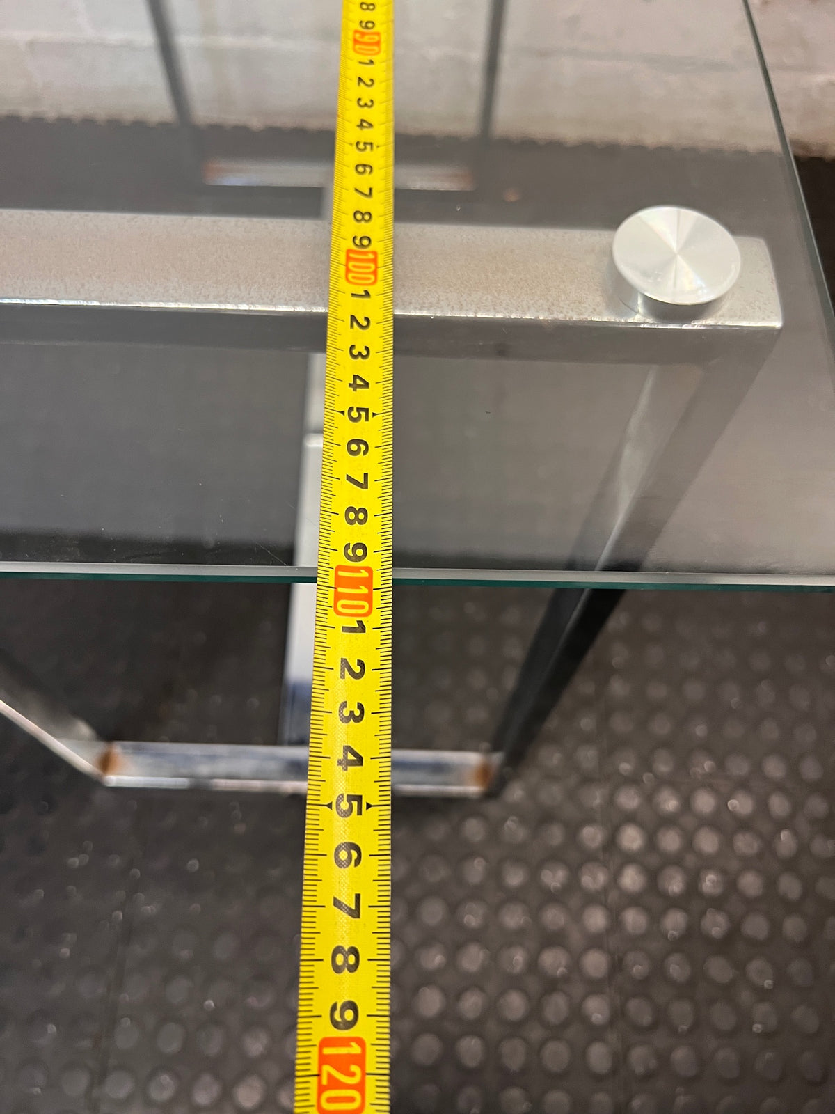 Contemporary Glass Top Console Table with Chrome Frame — Permanent Mark on Glass Surface – width measurement