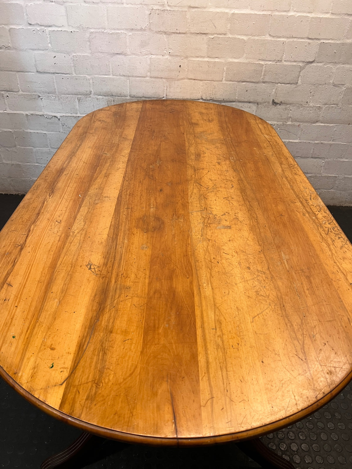 Oval Two-Tone Wooden Dining Table with Trestle Base — Good Working Order with Additional Items Included – condition detail