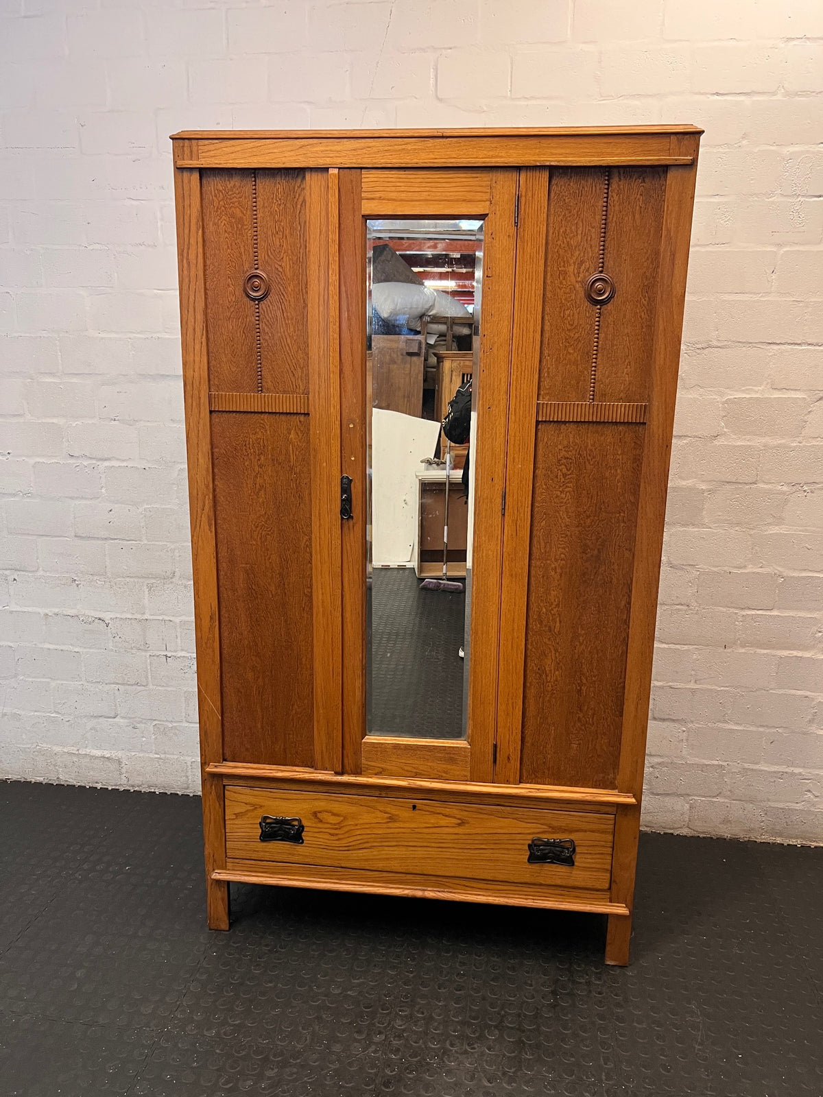 Vintage-Style Wooden Wardrobe with Mirrored Door – main front view