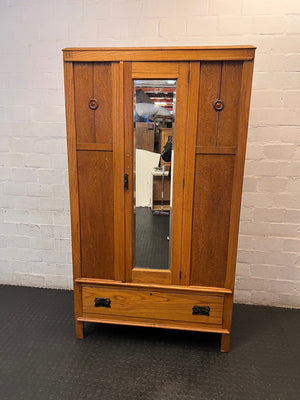 Vintage-Style Wooden Wardrobe with Mirrored Door – main front view
