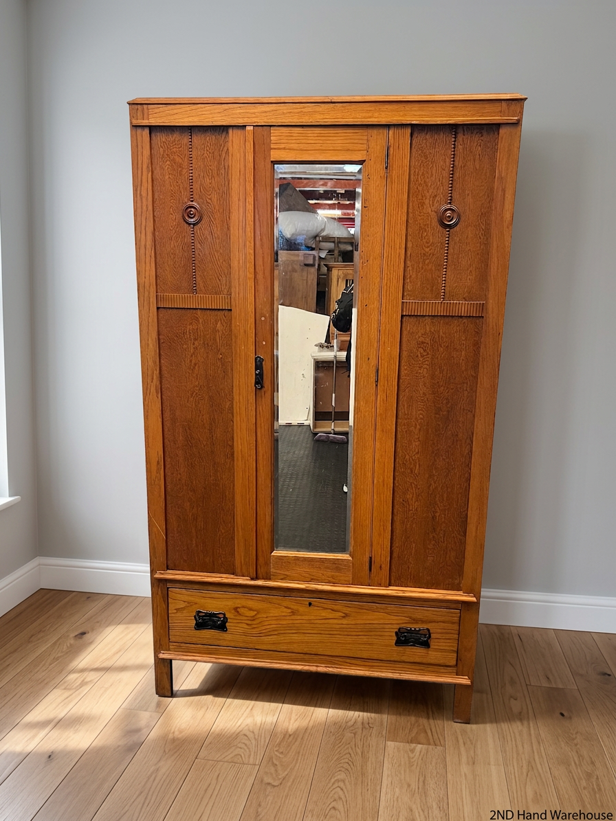 Vintage-Style Wooden Wardrobe with Mirrored Door – styled product image