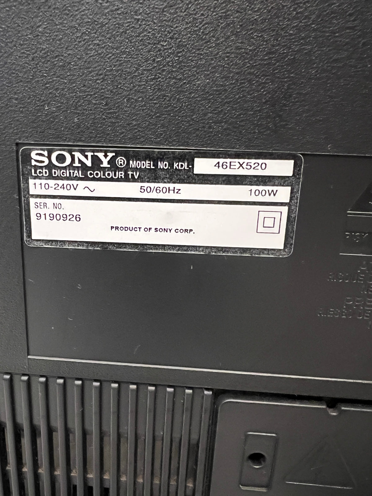 Sony Bravia 46" Television with Pedestal Stand — Good Working Order – back view