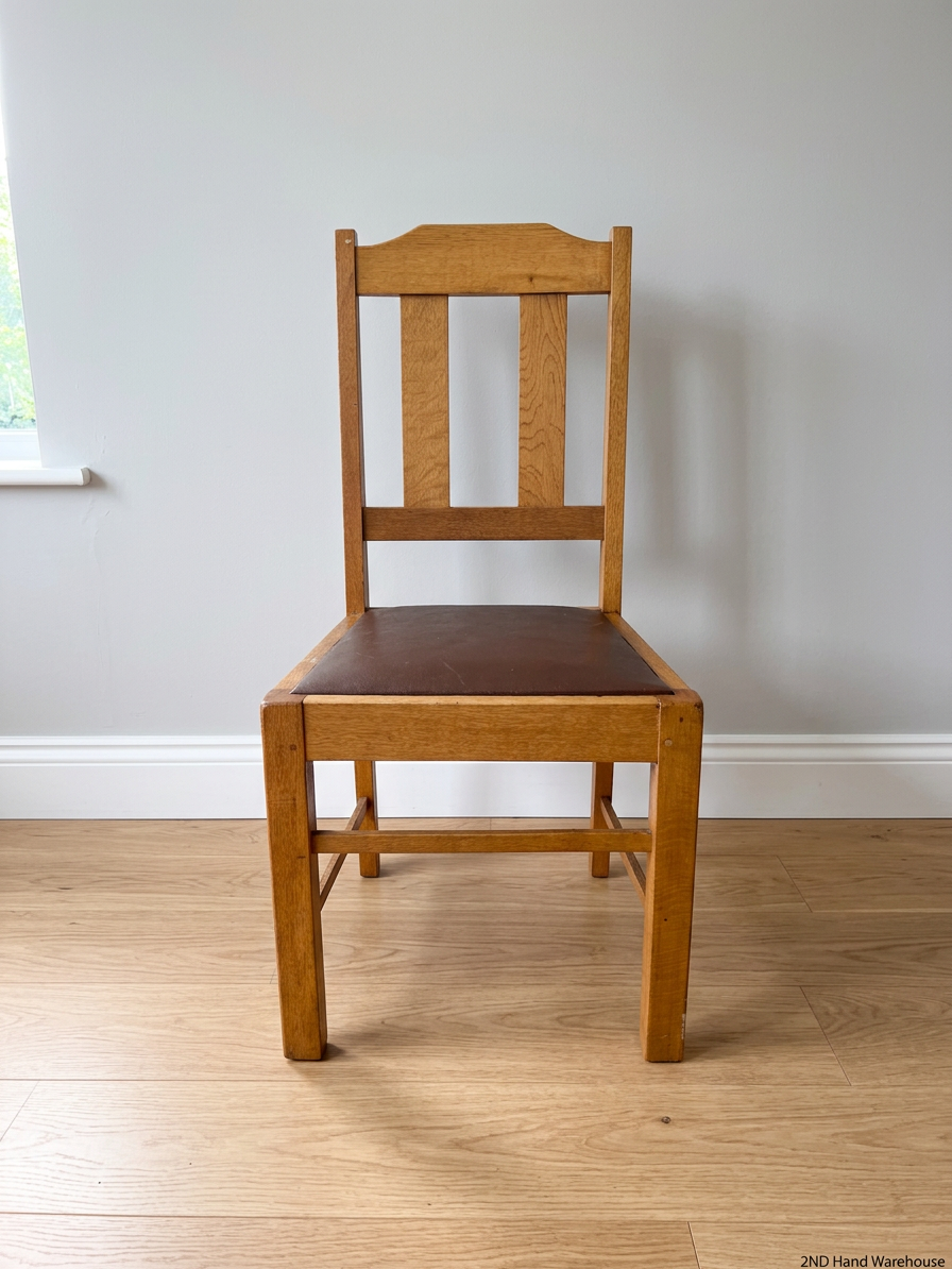 Classic Oak Dining Chair with Brown Inset Seat — Good Working Order – styled product image