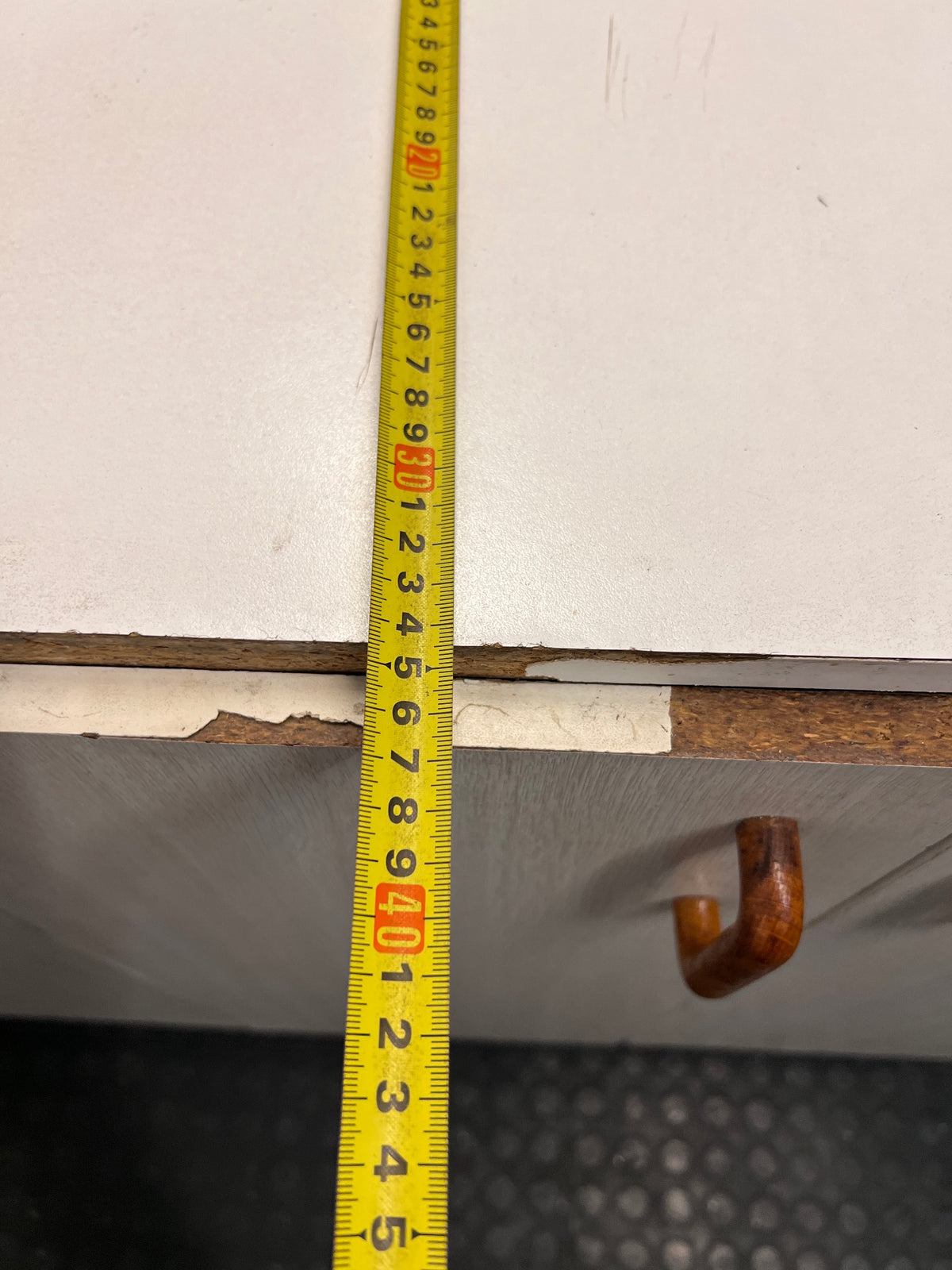 White and Light Wood Four Door Kitchen Cupboard — Good Working Order – depth measurement