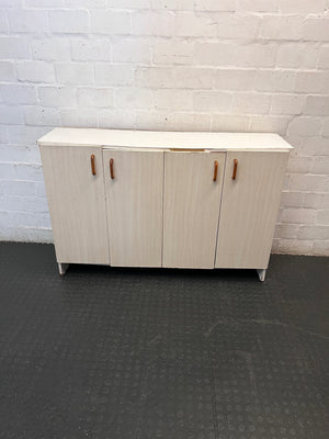 White and Light Wood Four Door Kitchen Cupboard — Good Working Order – main front view
